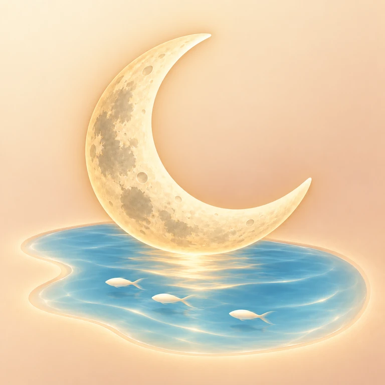 奶油色月亮映着蓝色湖水，三条小鱼在月光下游动